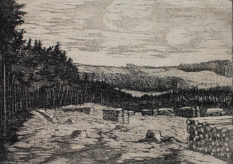 Margarethe Geibel - Landschaft mit Holzmieten,...