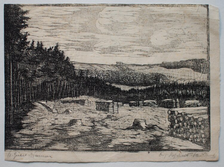 Margarethe Geibel - Landschaft mit Holzmieten, Thüringen - o.J. - Holzschnitt
