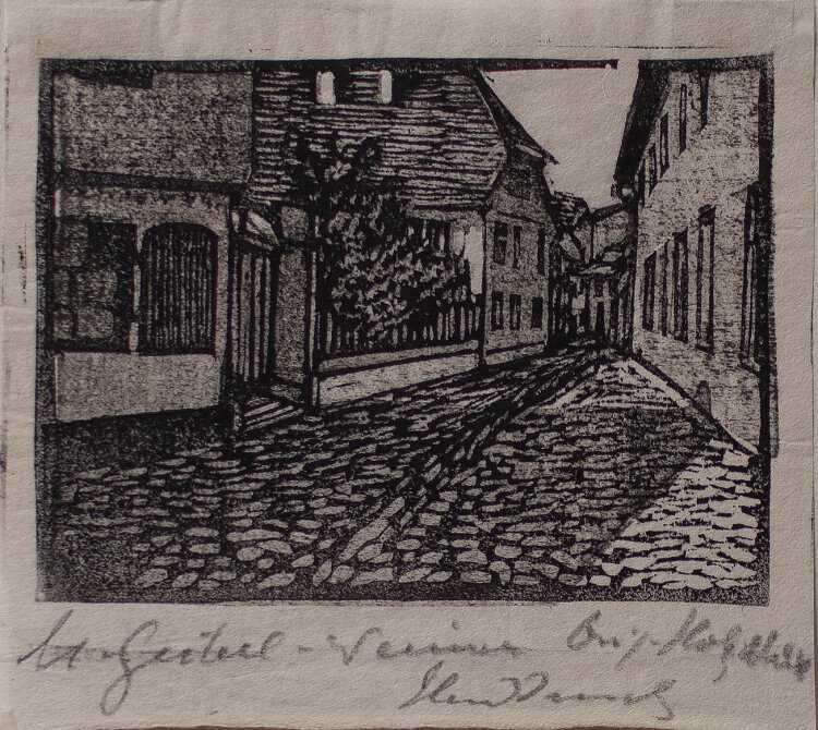 Margarethe Geibel - Alt Weimar Deinhardt Gasse/ Brauhausgasse mit Eckermannhaus - o.J. - Holzschnitt