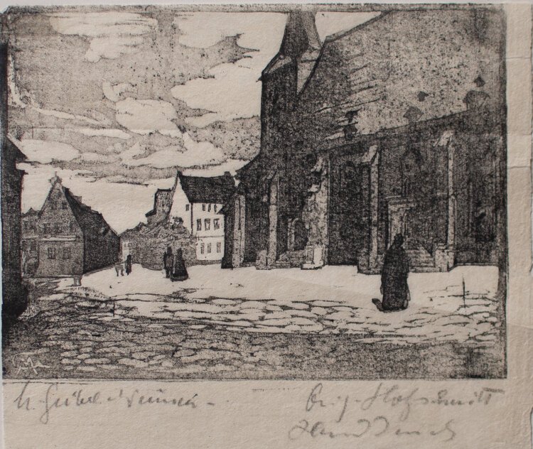 Margarethe Geibel - Weimar Herderplatz mit Kirche - o.J. - Holzschnitt
