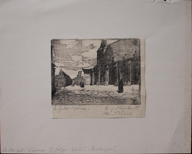 Margarethe Geibel - Weimar Herderplatz mit Kirche - o.J. - Holzschnitt