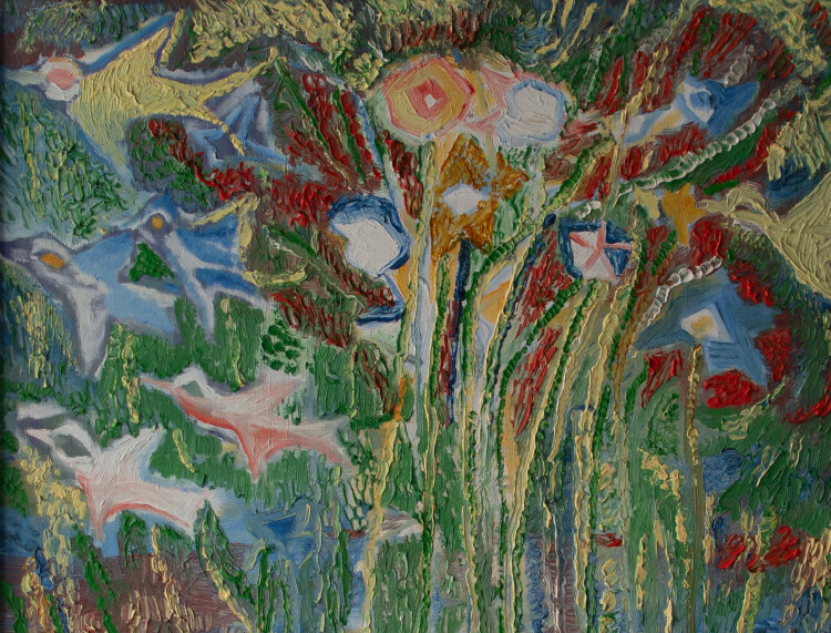 Unbekannt - Abtrakte Komposition mit Blumen und Vögeln - o.J. - Öl auf Leinwand