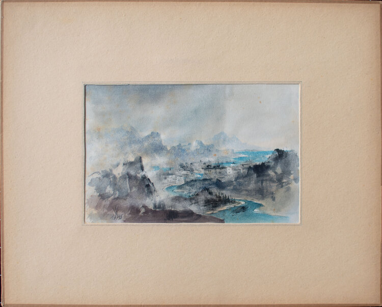 Willi Schmid - Küstenstadt vor Bergpanorama - 1948 - Aquarell