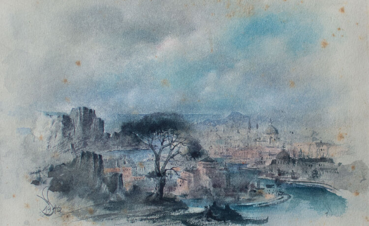 Willi Schmid - Stadtlandschaft am Fluß mit schroffen Felsen - 1946 - Aquarell