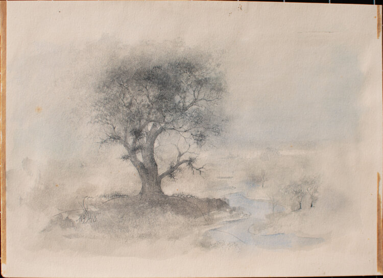 Willi Schmid - Flußlandschaft mit Baum - 1948 - Aquarell, Tusche
