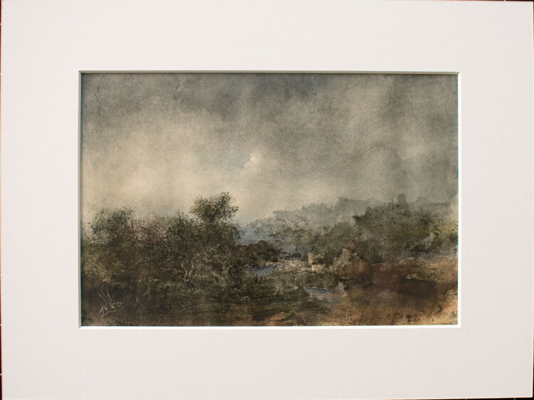 Willi Schmid - Flußlandschaft mit Küstenstadt - 1953 - Aquarell, Tusche