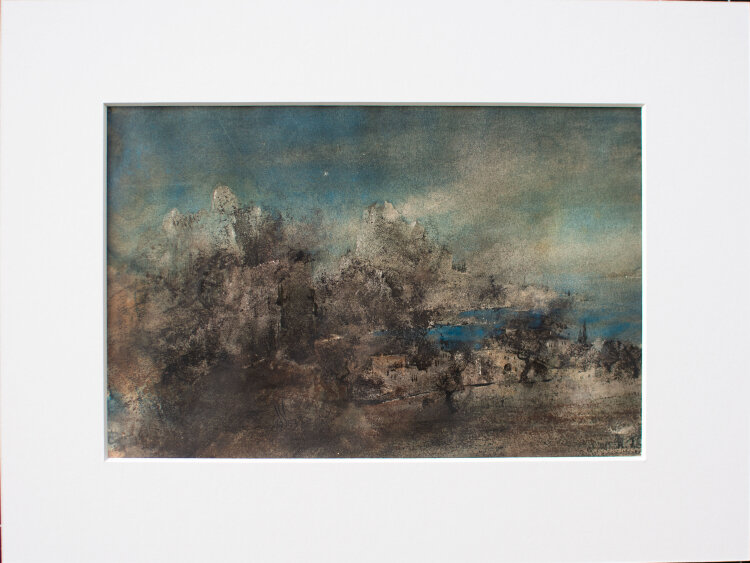 Willi Schmid - Stadt in Flußlandschaft vor Bergpanorama - 1953 - Aquarell, Tusche