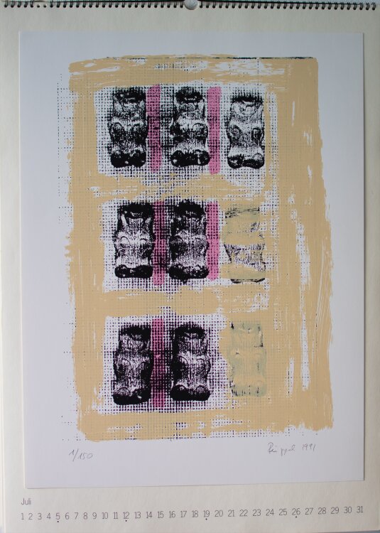 Kulturwerk des BBK Berlin: Arlt-Aeras; Busching; Genthner; Lauva; Malfatti; Schmidt; Jourdan-Koch; Hogrebe; Rüppel; Wirthmüller; Metzner; Zabel. - Kalender des Kulturwerk des BBK Berlin - 1992 - Lithografie, Siebdrucke