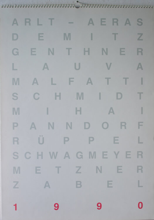 Kulturwerk des BBK Berlin: Arlt-Aeras; Demnitz; Genthner; Lauva; Malfatti; Schmidt; Mihai; Panndorf; Rüppel; Schwagmeyer; Metzner; Zabel. - Kalender des Kulturwerk des BBK Berlin - 1990 - Lithografie, Siebdrucke