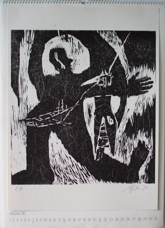 Kulturwerk des BBK Berlin: Arlt-Aeras; Demnitz; Genthner; Lauva; Malfatti; Schmidt; Mihai; Panndorf; Rüppel; Schwagmeyer; Metzner; Zabel. - Kalender des Kulturwerk des BBK Berlin - 1990 - Lithografie, Siebdrucke