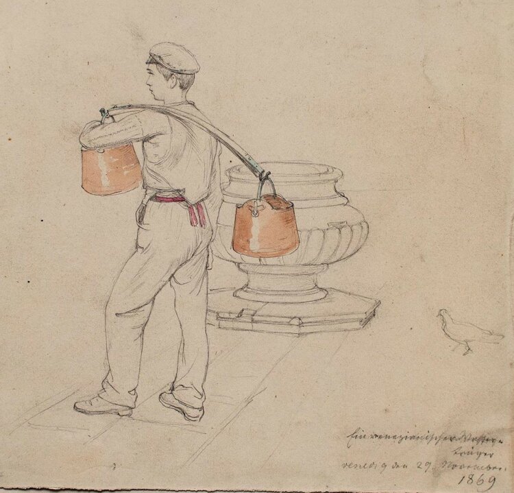 Unbekannter Künstler - Ein Wasserträger in Venedig - Bleistiftzeichnung - 1869