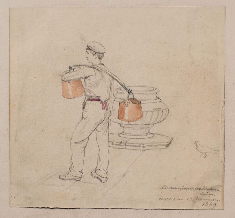 Unbekannter Künstler - Ein Wasserträger in Venedig - Bleistiftzeichnung - 1869