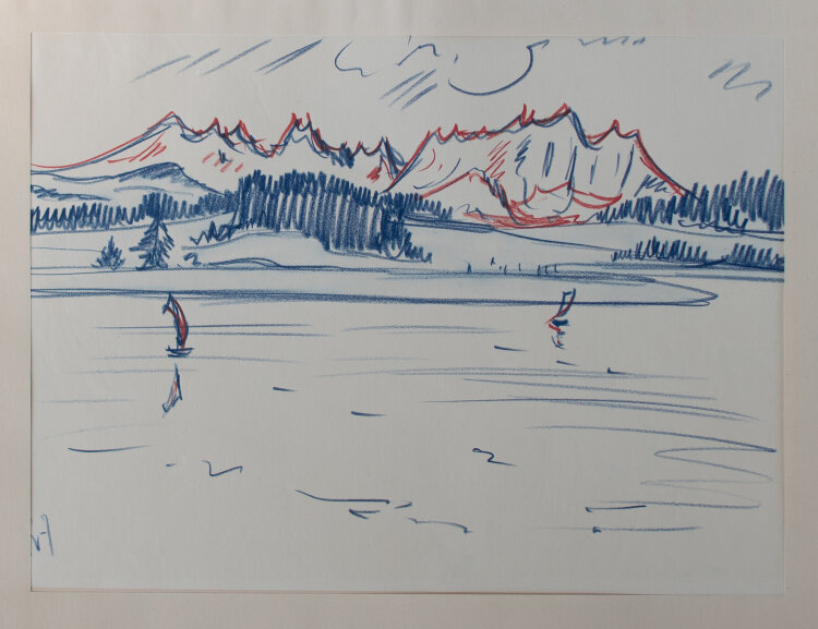 Fritz Zalisz - Blick über einen See auf hohe Berge - o.J. - Tusche