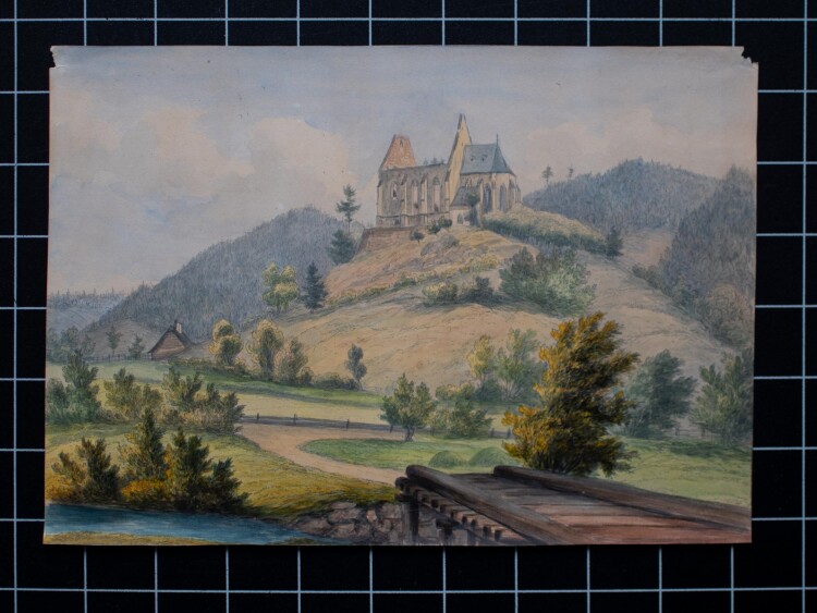 Unbekannt - Hügelige Landschaft mit einer Kirchenruine - o.J. - Aquarell/Tusche