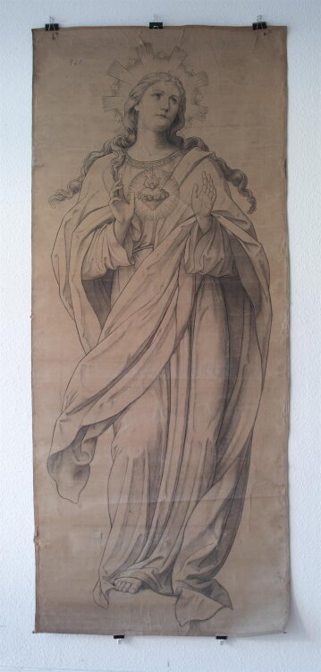 Glasmanufaktur Johann Heinrich Huber-Stutz Zürich, Monogrammiert MF - Unbeflecktes Herz Mariä - o.J. - Kohle / Aquarell