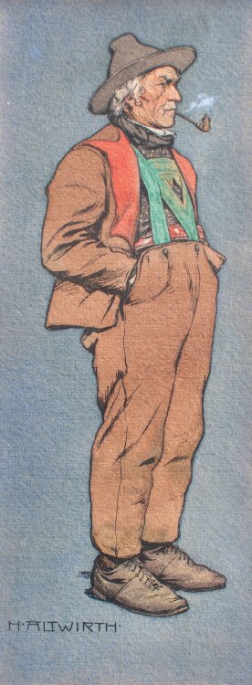 Heinrich Altwirth - Mann in Tracht und mit Pfeife - um 1890 - Aquarell