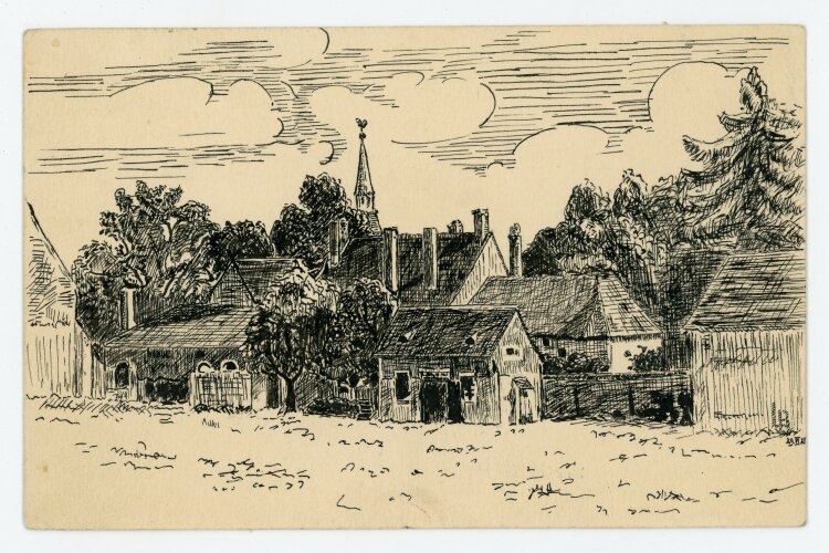 Unbekannt - Postkarte Dorf - um 1920 - Tuschezeichnung