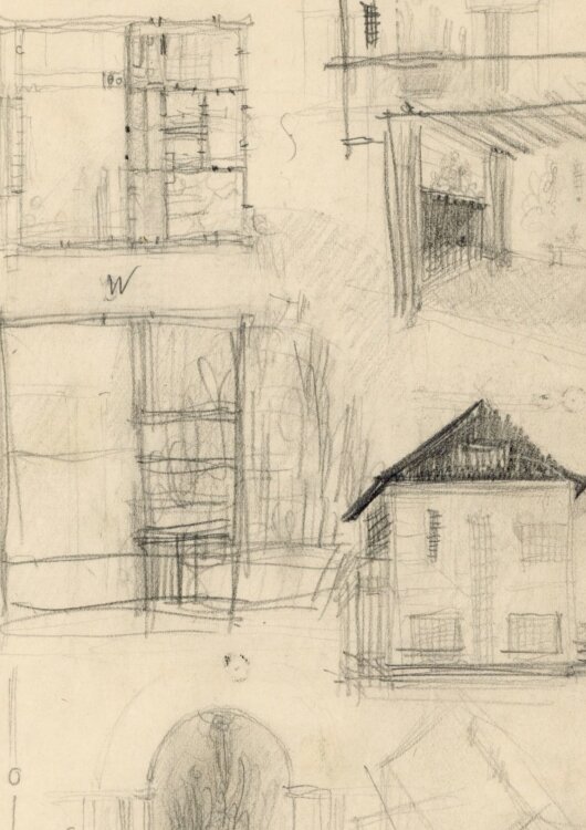 Willi Schmid - Entwurfskizze Haus Innenraum mit Kamin - o.J. - Bleistift
