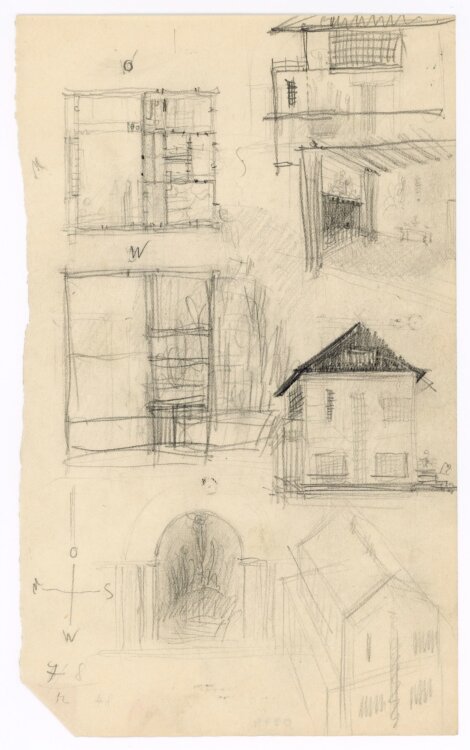 Willi Schmid - Entwurfskizze Haus Innenraum mit Kamin - o.J. - Bleistift