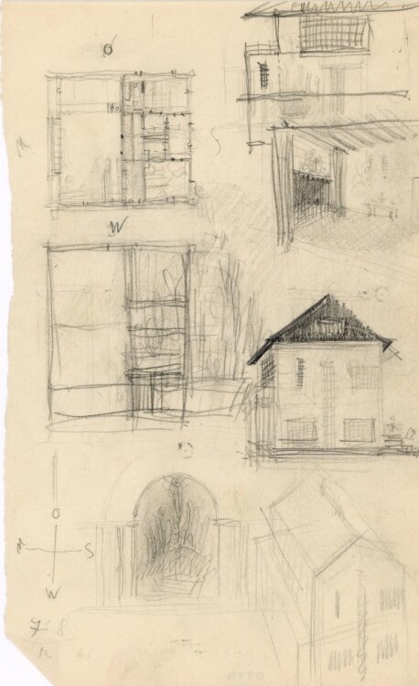 Willi Schmid - Entwurfskizze Haus Innenraum mit Kamin - o.J. - Bleistift