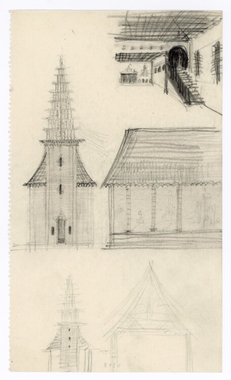 Willi Schmid - Nachzeichnung Außenansicht Kirche - o.J. - Bleistift, Farbstift
