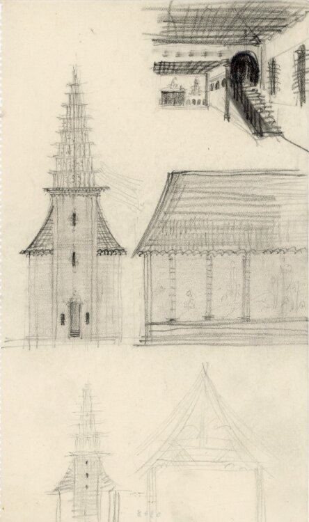 Willi Schmid - Nachzeichnung Außenansicht Kirche - o.J. - Bleistift, Farbstift