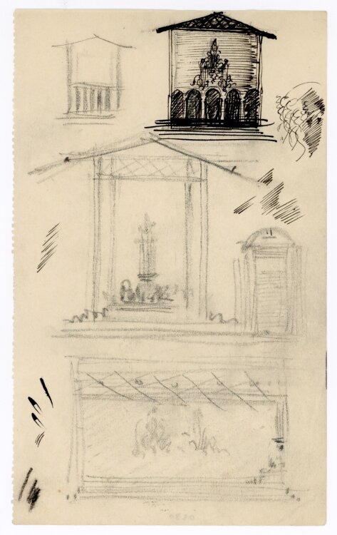 Willi Schmid - Entwurfskizze Kirche Altar und Grabdenkmal - o.J. - Bleistift, Tusche, Kohle