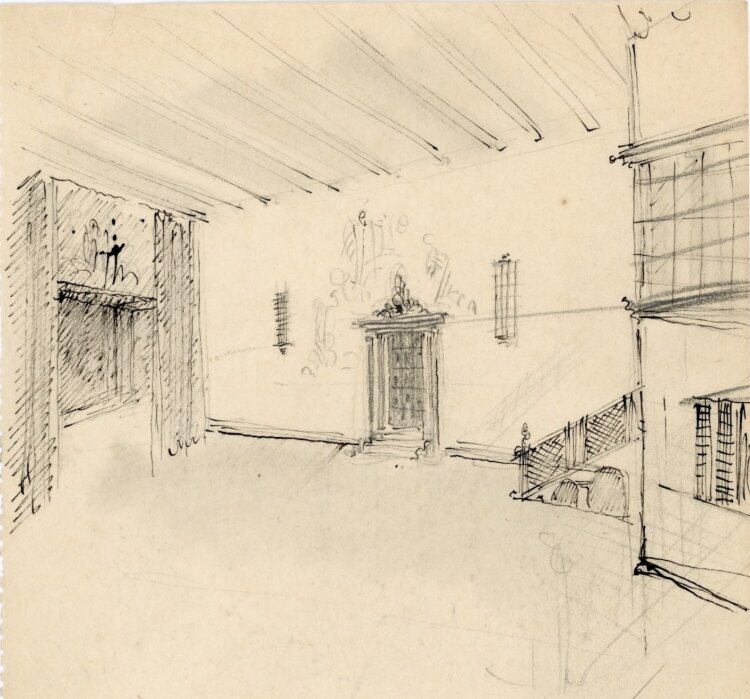 Willi Schmid - Entwurfsskizze Kircheninnenraum (oder Wohnhaus?) - o.J. - Bleistift, Tusche