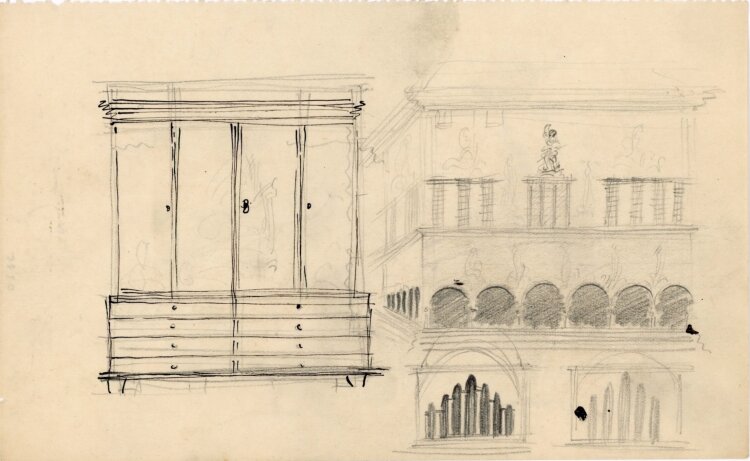 Willi Schmid - Entwurfsskizze Schrank und dekoriertes Haus - o.J. - Tusche und Bleistift
