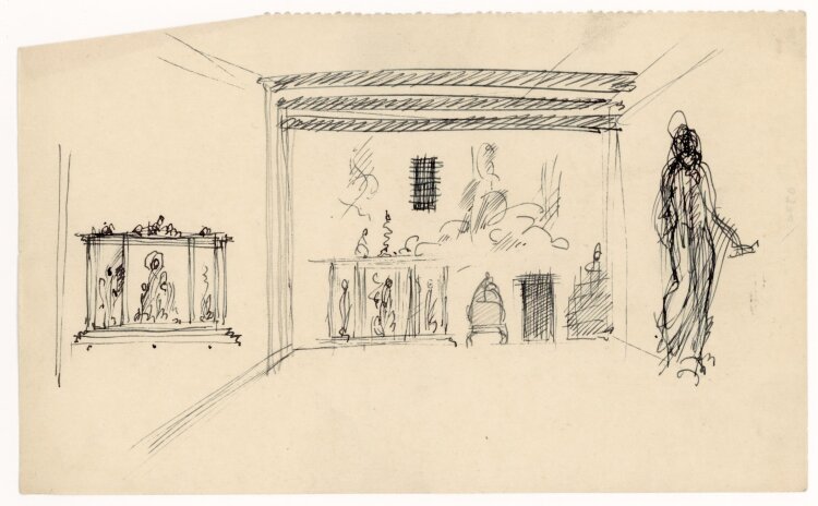 Willi Schmid - Entwurfskizze Triptychon und Altar in Kirche? - o.J. - Feder und Bleistift Zeichnung