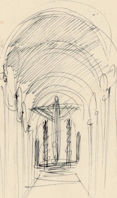Willi Schmid - Entwurfsskizze Kircheninnenraum (Kapelle) mit Kreuz - o.J. - Feder Zeichnung