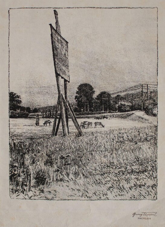 Georg Tippel - Landschaft mit Werbeschild - Lithographie - o. J.