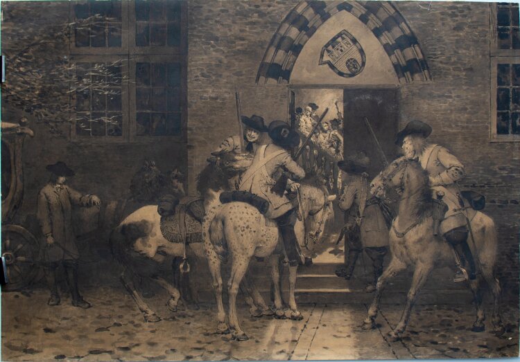Harry Jochmus - Die Verhaftung Zeit des Große Kurfürsten (Friedrich Wilhelm 1620-88) - um 1890 - laviert Federzeichnung