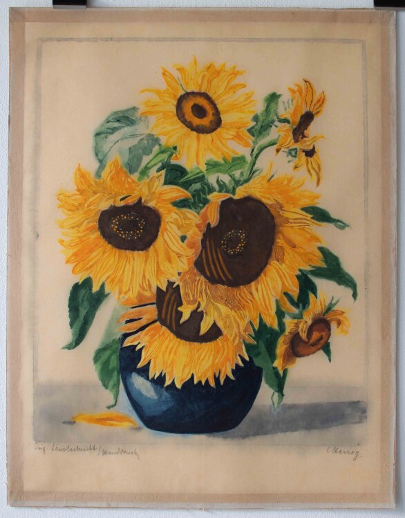 C. Herzog - Blumenstillleben mit Sonnenblumen - o.J. - Farblinolschnitt