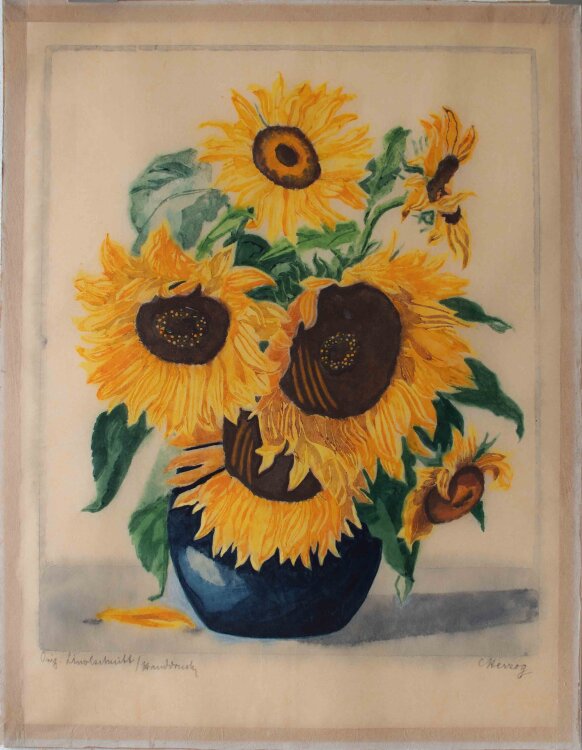 C. Herzog - Blumenstillleben mit Sonnenblumen - o.J. - Farblinolschnitt