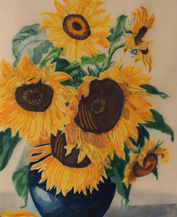 C. Herzog - Blumenstillleben mit Sonnenblumen - o.J. - Farblinolschnitt