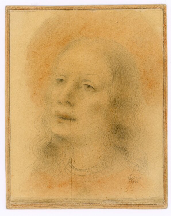 Willi Schmid - Porträt Ruth Siller mit Nimbus - 1935 - Bleistift, Rötel Zeichnung