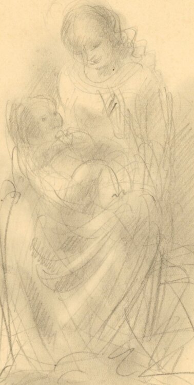 Willi Schmid - Sitzende Madonna mit Kind - o.J. - Bleistift Zeichnung