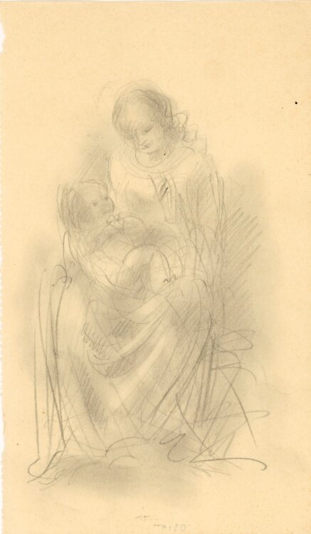 Willi Schmid - Sitzende Madonna mit Kind - o.J. - Bleistift Zeichnung