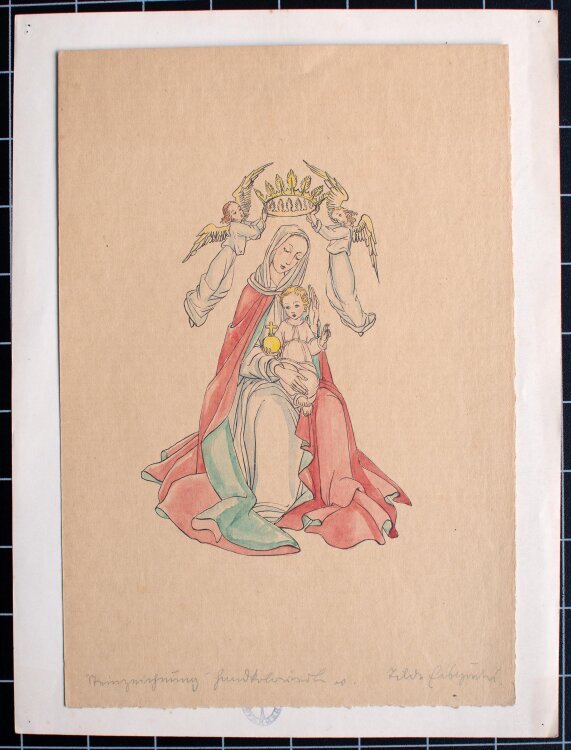Tilde Eisgruber - Jungfrau Maria hält das Jesuskind - um 1900 - Handkolorierte Steinzeichnung