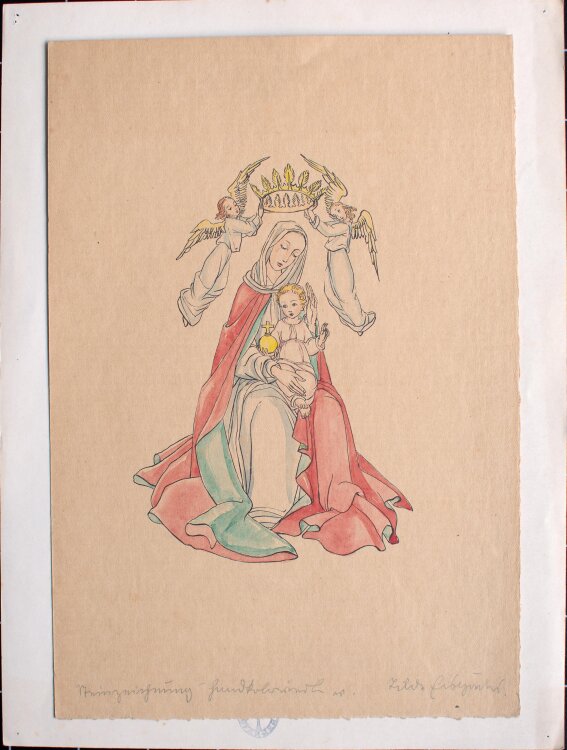Tilde Eisgruber - Jungfrau Maria hält das Jesuskind - um 1900 - Handkolorierte Steinzeichnung
