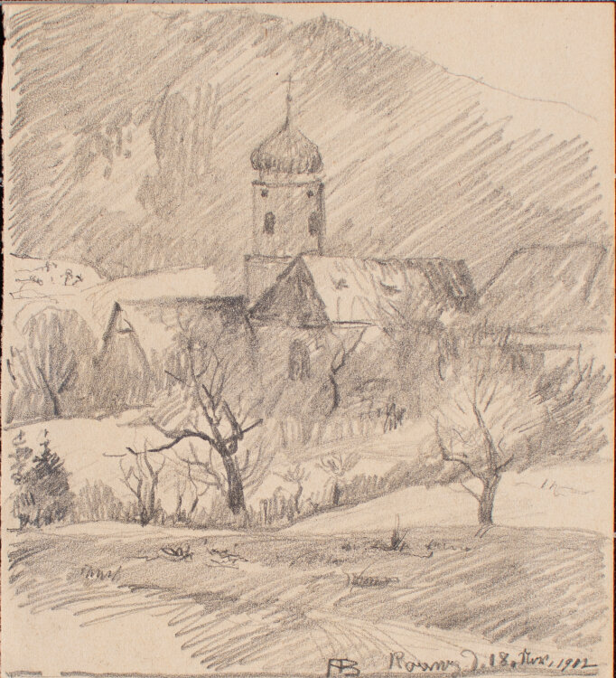 Anton Baur - Dorflandschaft mit Kirche - 1912 - Bleistift...