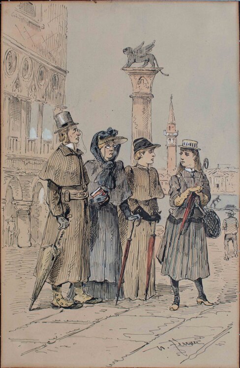 U. Ferrari - Reisegruppe auf dem Markusplatz, Venedig - o.J. - Tusche
