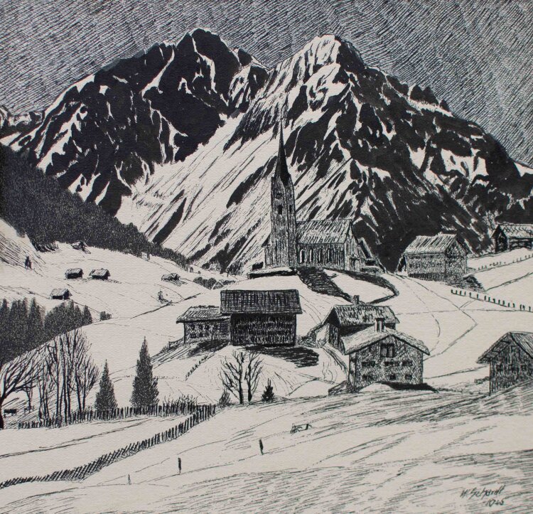 unbekannt - Bergdorf - 1925 - Tusche
