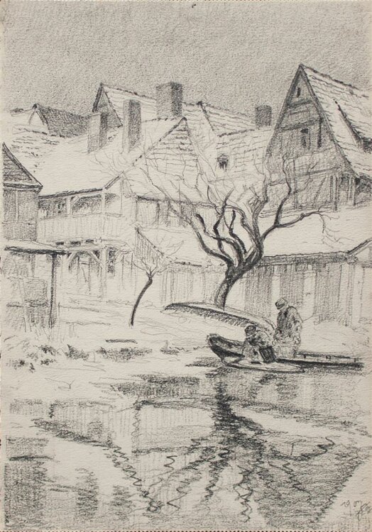Wilhelm Danz -  Angler im Fluss - Bleistiftzeichnung - 1907