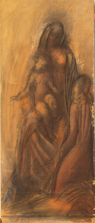 Willi Schmid - Madonna mit Kind und Betende - o.J. - Bleistift, Pastel, Rötel