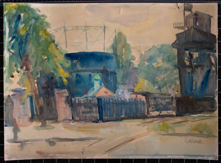signiert I. Noack - Stadtansicht mit Gasometer - ende...