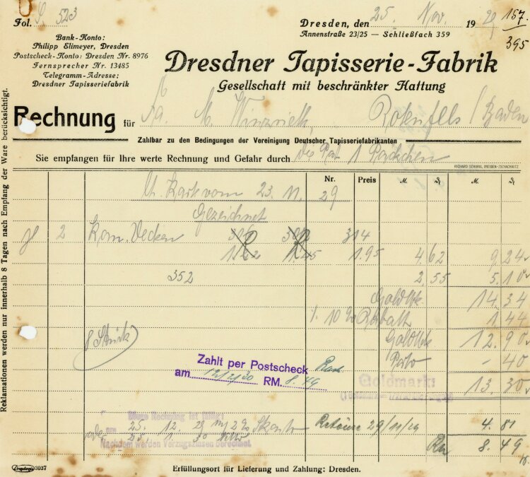Dresdner Tapisserie-Fabrik - Rechnung  - 25.11.1929