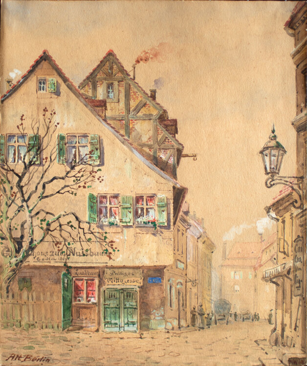Unleserlich signiert - Gasthaus zum Nussbaum, Nikolaiviertel Berlin - 19. Jahrhundert - Aquarell