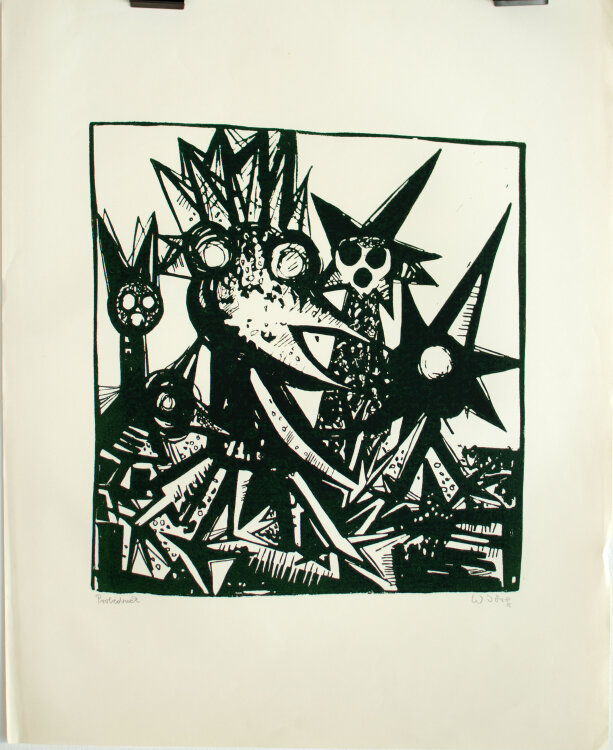 Wolfgang Jörg - Fantasievolles Vogelwesen - Ende 1900 - Linolschnitt